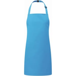 A blue kids bib apron with an adjustable neck strap and a simple design, featuring a logo at the top.