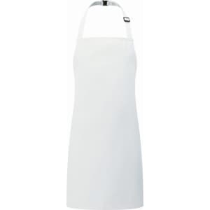 A white Kids Bib Apron featuring a neck strap and an adjustable clip for easy wearing. It has a simple design and no text.