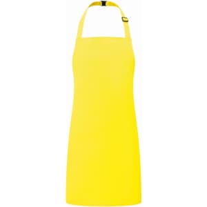 A yellow kids bib apron with a halter neck design and an adjustable strap. It has a logo on it.