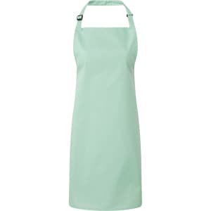 A mint green bib apron with a halter neck design and an adjustable strap, featuring a logo.