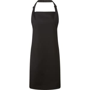 A black bib apron with a neck loop and waist ties, featuring a branding logo.
