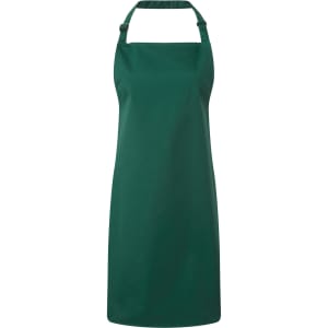 A dark green bib apron with adjustable neck straps and a solid design. It features a branding logo.