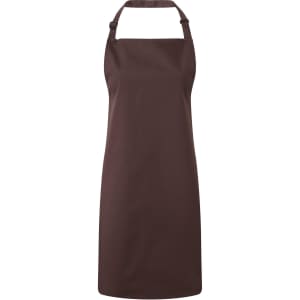 A brown bib apron with a halter neck design. The apron features an adjustable neck strap and has a logo.