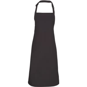 A black bib apron with a neck strap and adjustable features, suitable for chefwear. It includes a logo.
