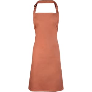 A brown bib apron with a neck strap and a plain design, featuring a logo on the front.