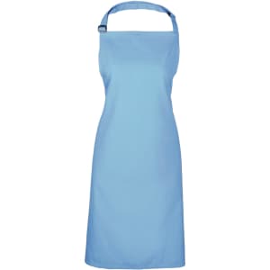 A blue bib apron with a neck strap and adjustable buckle, designed for chefs and uniform use.