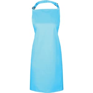 A light blue bib apron with an adjustable strap and a logo. Suitable for chefwear and kitchen uniforms.