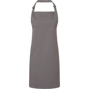 A grey bib apron featuring a neck strap and no visible pockets. It has a branding logo.