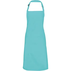 A turquoise bib apron with adjustable neck strap, suitable for chefwear uniforms. It features a branding logo.
