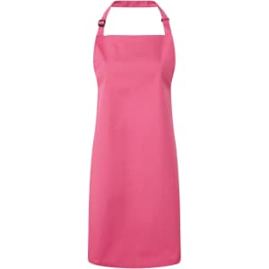 A pink bib apron featuring a neck strap and a branding logo. Suitable for chefwear and uniforms.