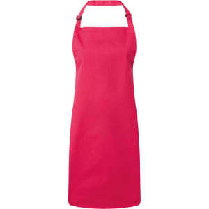 A pink bib apron with an adjustable neck strap and a plain design, featuring a branding logo.