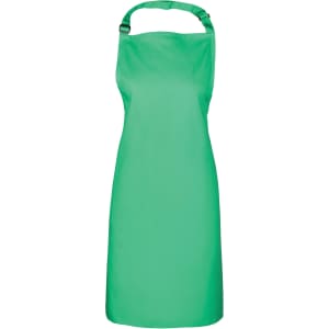 A green bib apron with an adjustable neck strap, designed for chefs and kitchen use. Features a logo on the front.