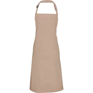 A tan bib apron designed for chefs, featuring an adjustable neck strap and a branding logo.