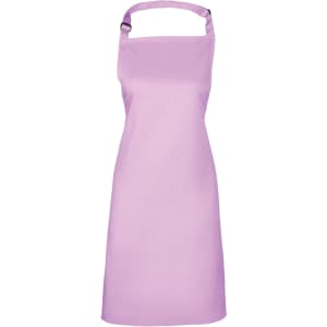 A pink bib apron with an adjustable neck strap, suitable for culinary use, featuring a logo.