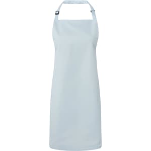 A light blue bib apron featuring a simple design and an adjustable neck strap. It includes a logo on the fabric.