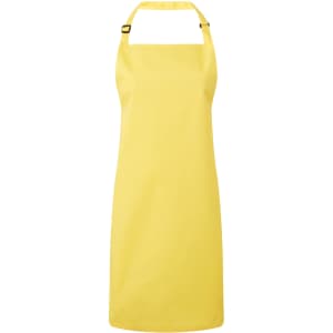 A yellow bib apron with adjustable neck straps and a simple design. It features a logo on it.