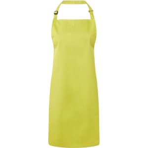 A yellow bib apron with an adjustable neck strap and a plain design. It features a logo on the front.