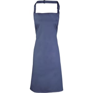 A navy blue bib apron featuring a neck strap and an adjustable tie. The product includes a logo.