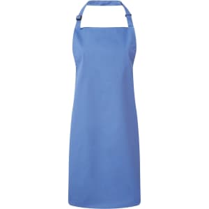 A blue bib apron with a neck strap and an adjustable design. It features a branding logo.