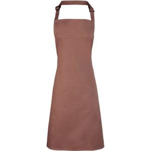 A brown bib apron with a halter neck design, featuring a logo on the front.