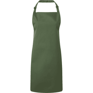 A green bib apron with a halter neck and adjustable straps. It features a plain design with no visible branding.
