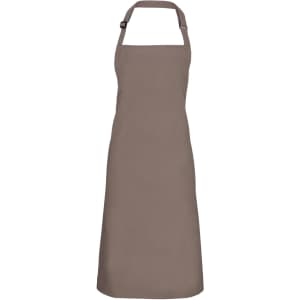 A brown bib apron with an adjustable neck strap and a solid design. It features a logo on the front.