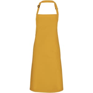A yellow bib apron with an adjustable strap and a simple design, featuring a logo.