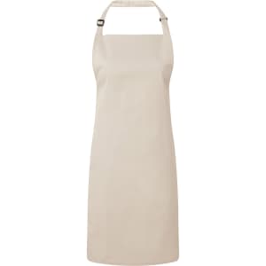 A beige bib apron with adjustable neck straps and a plain design. It features a logo on the front.