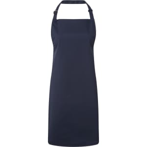 A navy blue bib apron with a neck strap and a plain design, featuring a branding logo.