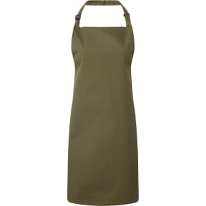 A khaki bib apron with an adjustable neck strap and a plain design, featuring a logo. Suitable for chefwear uniforms.
