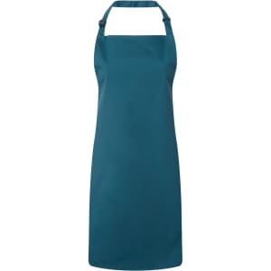 A teal bib apron with an adjustable neck strap, featuring a simple design and no visible logo.