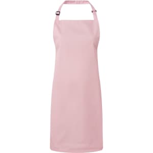 A pink bib apron featuring a neck strap, suitable for chefwear, with a simple design and a logo.
