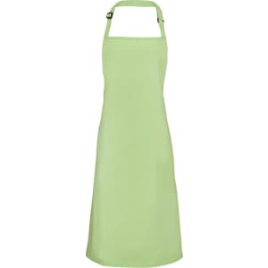 A green bib apron with adjustable neck straps. It features a logo but no visible text or badges.
