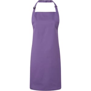 A purple bib apron with a neck strap and a logo at the top. Suitable for chefwear uniforms.