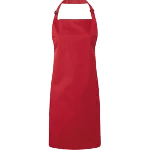 A red bib apron with a neck strap and an adjustable design, featuring a logo.