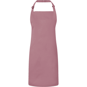 A pink bib apron with an adjustable neck strap, featuring a logo on the front. Suitable for chefwear.