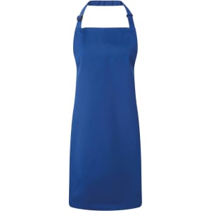 A blue bib apron featuring a neck strap and an adjustable design. It includes a logo branding.