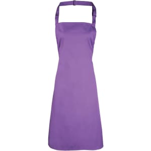 A purple bib apron featuring a halter neck design and a logo on the front.