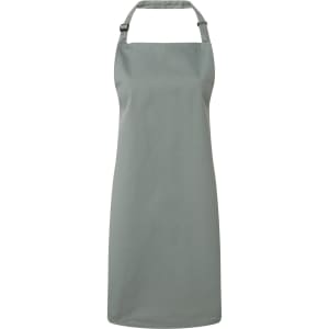 A grey bib apron with a neck strap and a simple design, featuring a logo on the front.