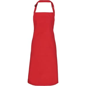 A red bib apron featuring an adjustable neck strap and a logo. Suitable for chefwear and uniforms.