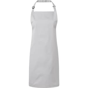 A grey bib apron featuring a neck strap and adjustable sides, suitable for chefwear. It includes a logo.