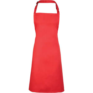 A red bib apron with a neck strap, featuring a simple design and no visible logos.