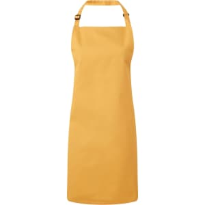 A yellow bib apron with an adjustable neck strap and a uniform design. It features a logo at the top.