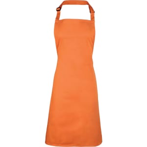 An orange bib apron featuring an adjustable neck strap and a simple design, suitable for kitchen use.