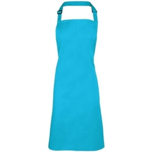 A turquoise bib apron with an adjustable neck strap and a smooth fabric finish. It features a logo.