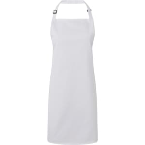 A white bib apron with adjustable neck straps and a minimalist design, featuring a logo on the side.