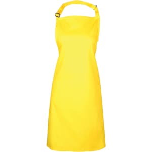 A bright yellow chef bib apron with a halter neck and adjustable strap, featuring a logo.