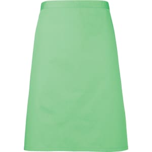 A green mid-length apron with a simple design and a branding logo. Suitable for various workwear applications.