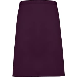 A mid-length apron in a rich burgundy colour, featuring a simple, unembellished design and a logo.