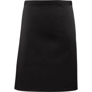 A black mid-length apron, featuring a simple design and an unobtrusive logo. Suitable for workwear.